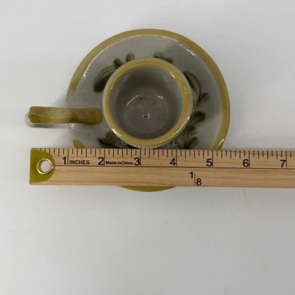 Louisville Stoneware Miniature Cup and Saucer Hand Painted Floral Gray Yellow